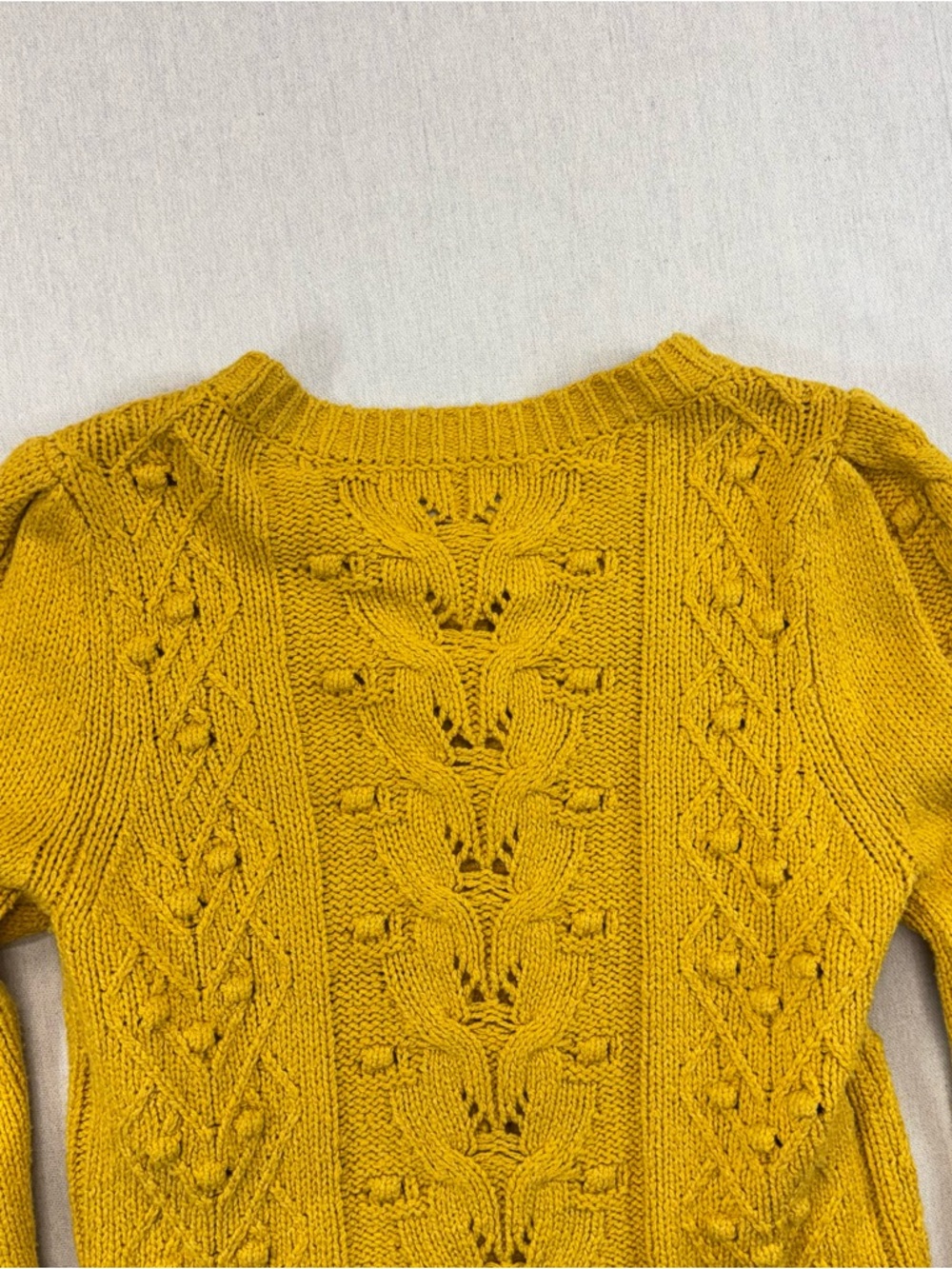 Anthropologie Mustard Yellow Cable Knit Puff Sleeve Cardigan Sweater Sz M - Picture 12 of 15